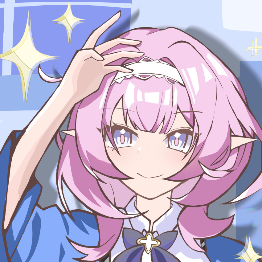 1girl blue_background blue_eyes blue_scarf chinese_commentary colorful_background commentary_request elf elysia_(honkai_impact) hairband highres honkai_(series) honkai_impact_3rd long_hair pink_hair pointy_ears scarf shirt smile solo star_(symbol) upper_body white_hairband white_shirt zhikepite