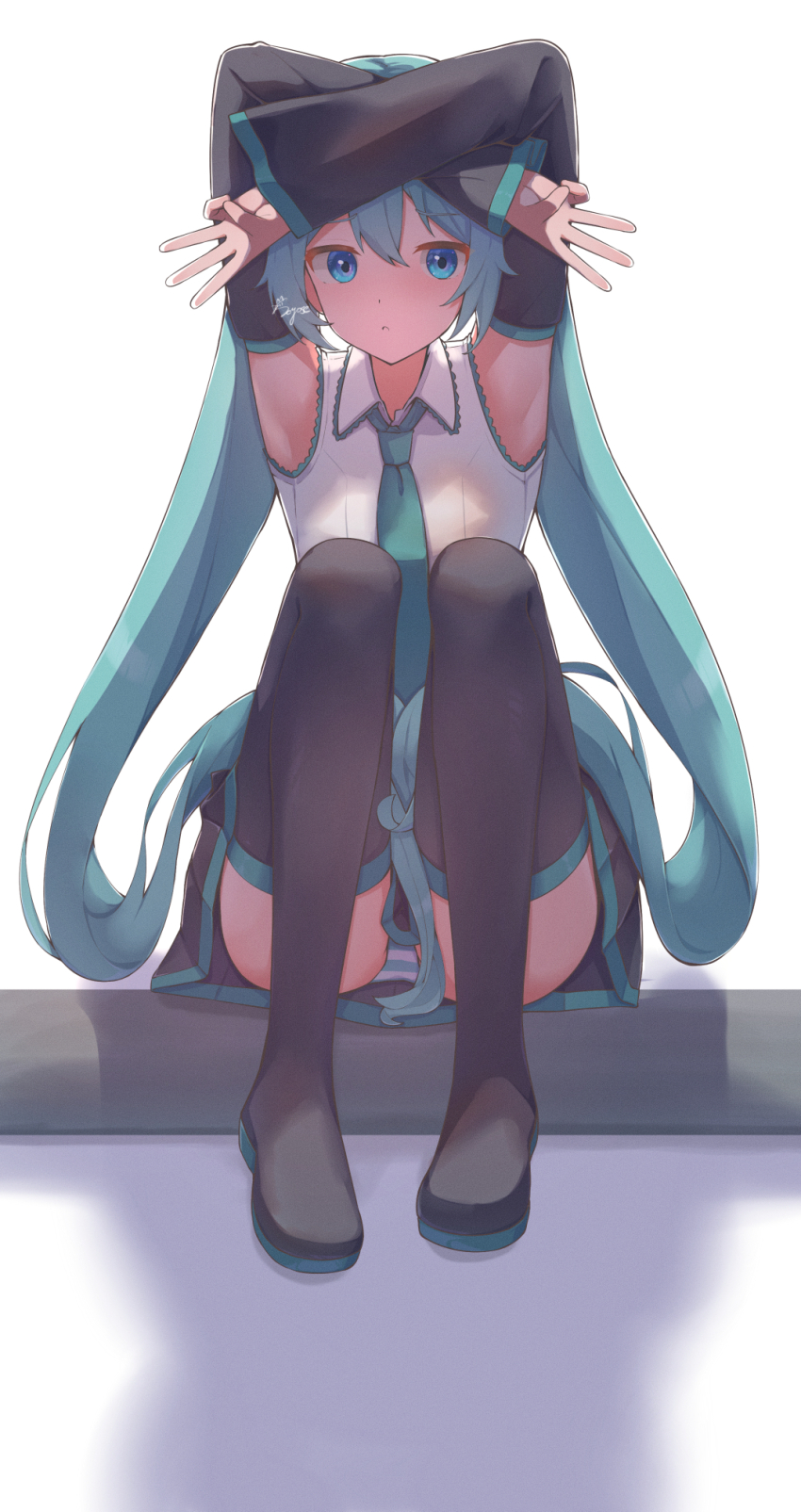 aqua_eyes aqua_hair aqua_necktie armpits arms_up black_skirt black_thighhighs blush cat_shadow_puppet_(meme) detached_sleeves hatsune_miku highres long_hair long_sleeves looking_at_viewer meme miniskirt necktie open_mouth panties shadow shirt skirt sleeveless sleeveless_shirt soyose striped_clothes striped_panties thighhighs twintails underwear very_long_hair vocaloid white_shirt wide_sleeves