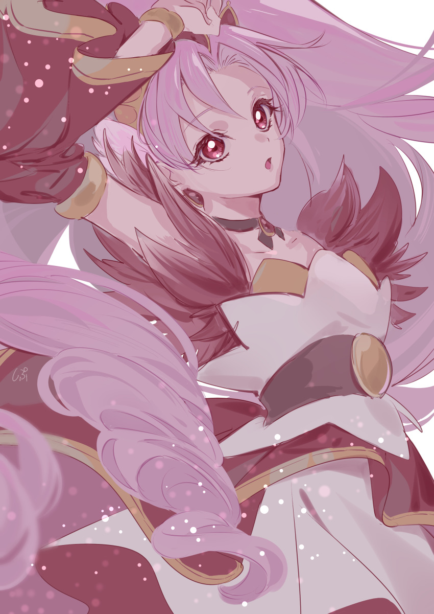 1girl absurdres akagi_towa arm_up black_ribbon bracelet brown_corset collarbone corset cowboy_shot cure_scarlet detached_sleeves dot_nose dress drill_hair eyelashes feather-trimmed_sleeves go!_princess_precure gold_bracelet gold_tiara hair_ornament head_tilt highres jewelry layered_dress light_particles long_dress long_hair long_sleeves looking_ahead magical_girl neck_ribbon open_mouth parted_bangs pink_hair pleated_dress pleated_sleeves precure red_brooch red_dress red_eyes red_sleeves ribbon shipu_(gassyumaron) short_sleeves simple_background solo tiara very_long_hair white_background white_dress wing_hair_ornament