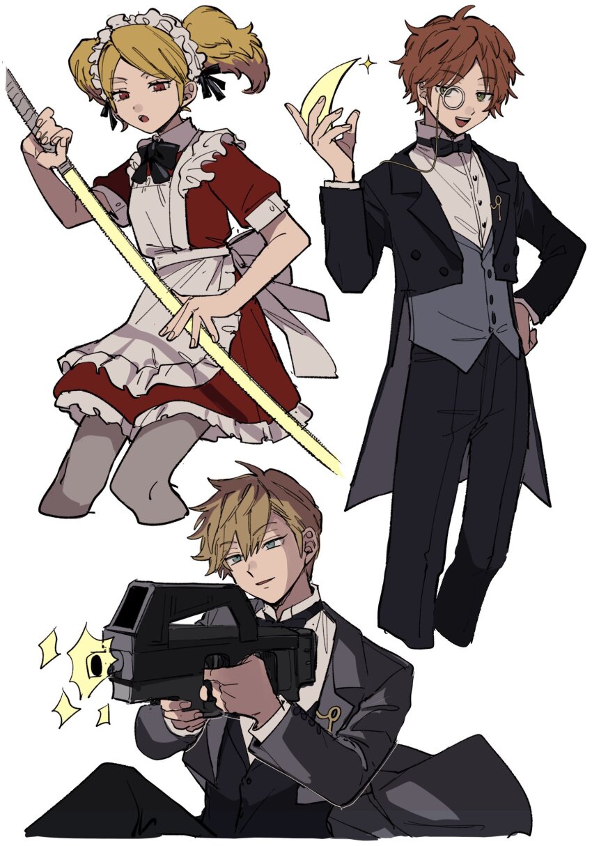 1girl 2boys :o absurdres alternate_costume aoi_(yooo009) apron aqua_eyes arm_blade asymmetrical_bangs black_bow black_bowtie black_jacket black_pants black_vest blonde_hair bow bowtie commentary cropped_legs drawing_sword dress firing frills glowing glowing_sword glowing_weapon grey_pantyhose gun hand_on_own_hip highres holding holding_gun holding_sword holding_weapon inukai_sumiharu jacket kuroe_futaba light_brown_hair long_sleeves looking_at_viewer maid_apron maid_headdress midorikawa_shun monocle multiple_boys open_mouth pants pantyhose parted_bangs red_dress red_eyes short_hair short_sleeves simple_background smile smug sparkle standing swept_bangs sword tailcoat traditional_bowtie twintails vest waiter waitress weapon white_background wing_collar world_trigger