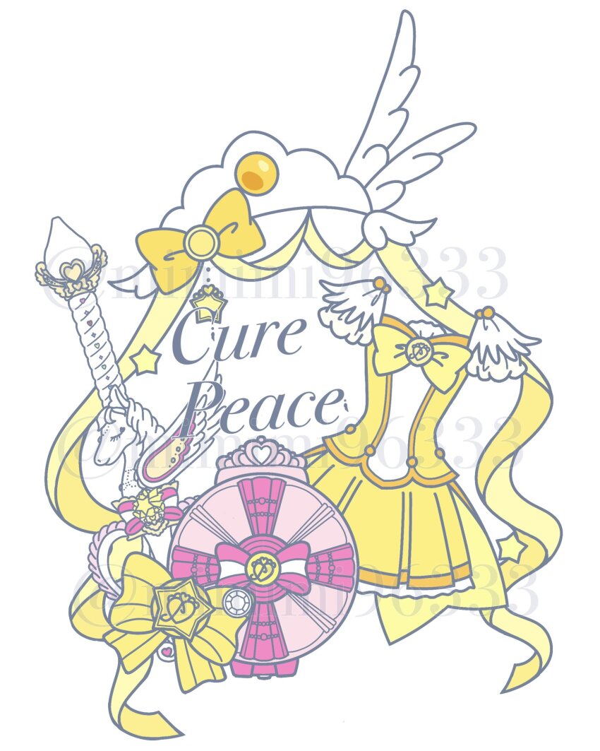 bow bowtie brooch character_name clothes_only coattails compact_(cosmetics) cosmetics cure_peace feather_sleeves frilled_skirt frills hair_ornament highres jewelry layered_sleeves magical_girl mimimi96333 miniskirt no_humans pleated_skirt precure puffy_short_sleeves puffy_sleeves ribbon shirt short_sleeves simple_background skirt skirt_set smile_pact smile_precure! star_(symbol) tiara twitter_username unicorn wand watermark white_background white_sleeves wing_hair_ornament yellow_bow yellow_bowtie yellow_ribbon yellow_shirt yellow_skirt