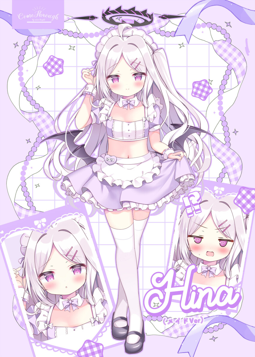 1girl :o absurdres ahoge alternate_costume apron arm_up azumi_kazuki black_footwear blue_archive blush character_name closed_mouth commentary_request crop_top crossed_legs enmaided multiple_expressions frilled_apron frilled_skirt frills grey_hair grey_wings grid_background hair_intakes hair_ornament hairclip halo highres hina_(blue_archive) long_hair maid maid_headdress midriff multiple_views navel one_side_up open_mouth parted_bangs parted_lips puffy_short_sleeves puffy_sleeves purple_eyes purple_skirt shoes short_sleeves skirt smile standing thighhighs very_long_hair white_apron white_thighhighs wings wrist_cuffs