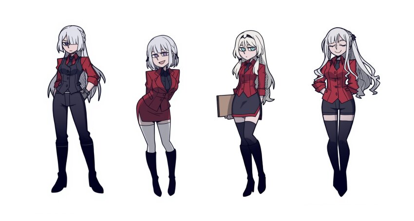 4girls ak-12_(girls&#039;_frontline) ak-15_(girls&#039;_frontline) an-94_(girls&#039;_frontline) black_necktie black_shirt black_vest boots closed_eyes cosplay crossover defy_(girls&#039;_frontline) folder formal_clothes girls&#039;_frontline gloves grey_gloves grey_hair hair_over_one_eye helltaker highres holding holding_folder long_hair looking_at_viewer miniskirt ms_aimmia multiple_girls necktie pants red_shirt rpk-16_(girls&#039;_frontline) shirt short_hair shorts skirt suit vanripper_(style) vest white_hair