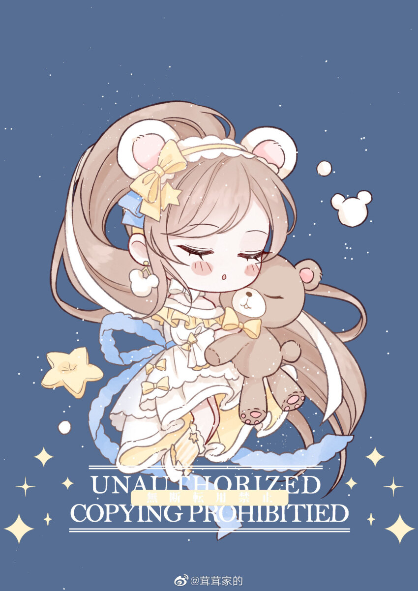 1girl absurdly_long_hair abu_cide animal_ear_hairband animal_ears bear_earrings bear_ears blue_background blue_bow blush_stickers bow bow_choker bowtie brown_hair character_request chibi chinese_commentary choker closed_eyes commentary_request commission dress eyelashes fake_animal_ears floating frilled_dress frilled_footwear frilled_hairband frilled_socks frills fur-trimmed_dress fur_trim gown hair_bow hair_ornament hair_ribbon hairband high_ponytail highres holding holding_stuffed_toy juliet_sleeves kneehighs light_particles long_dress long_hair long_sleeves miracle_nikki nikki_(series) ponytail puffy_sleeves ribbon sample_watermark shoes simple_background sleeping sleeve_bow socks solo sparkle star_(symbol) star_hair_ornament striped_clothes striped_socks stuffed_animal stuffed_toy teddy_bear three-quarter_sleeves two-sided_dress two-sided_fabric vertical-striped_clothes vertical-striped_socks very_long_hair watermark weibo_watermark white_bow white_bowtie white_dress white_ribbon white_shoes yellow_bow yellow_bowtie yellow_hairband yellow_socks