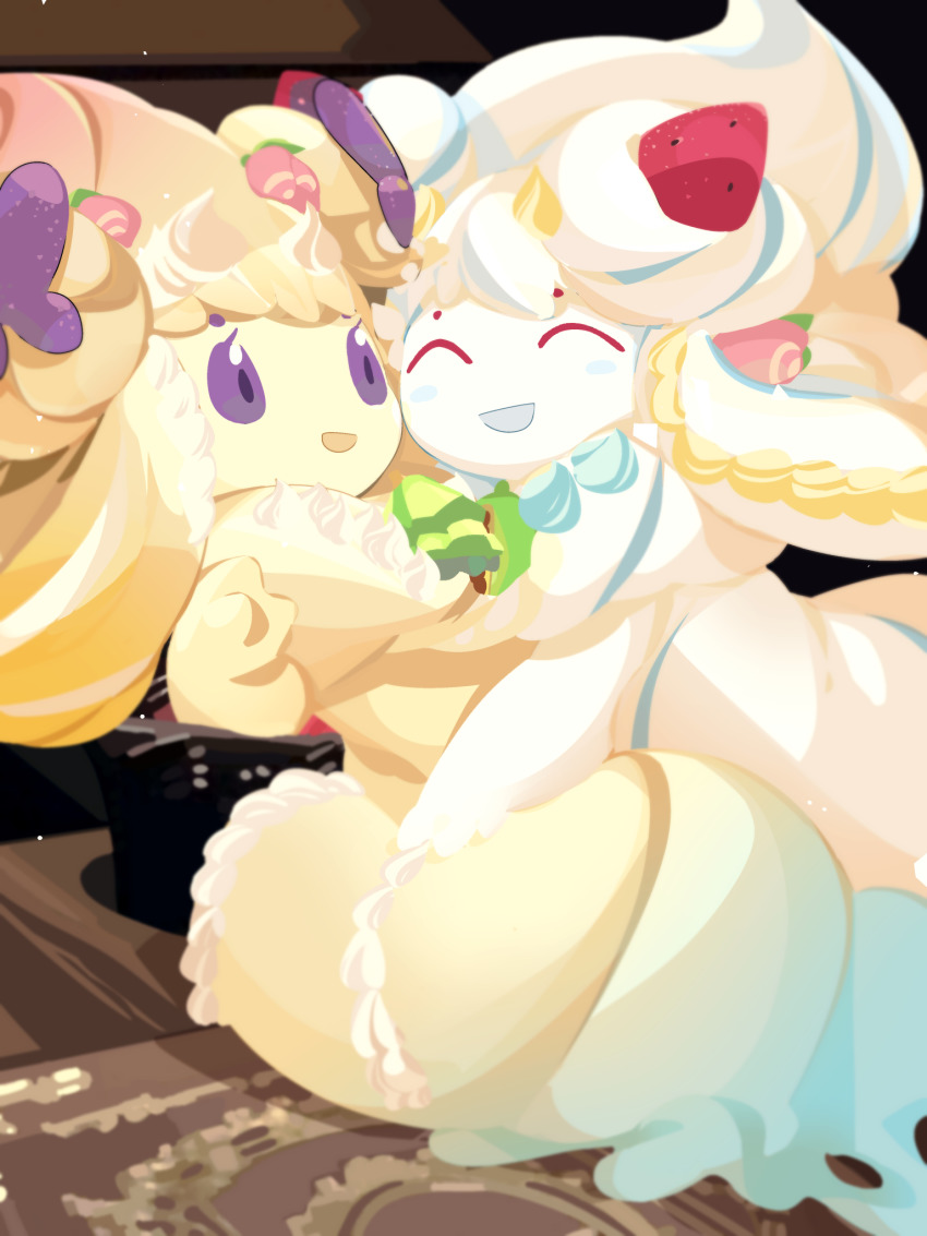 2girls ^_^ alcremie alcremie_(lemon_cream) alcremie_(ribbon_sweet) alcremie_(salted_cream) alcremie_(strawberry_sweet) berry_(pokemon) blonde_hair blue_hair blush blush_stickers bow brown_background closed_eyes colored_sclera colored_skin cream durin_berry female_focus food food-themed_hair_ornament fruit gen_8_pokemon hair_bow hair_ornament happy highres hug idkuroi kebia_berry long_hair multicolored_hair multiple_girls nintendo open_mouth peach peach_hair_ornament pokemon pokemon_(creature) purple_bow purple_eyes purple_sclera smile strawberry strawberry_hair_ornament streaked_hair two-tone_hair white_hair white_skin yellow_skin