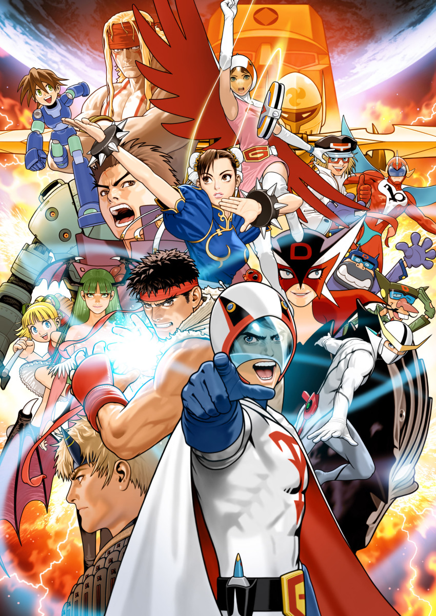 00s 1970s_(style) 1980s_(style) 5girls 6+boys absurdres alex_(street_fighter) boyakki capcom casshern casshern_(series) chun-li crossover demon_girl doronjo everyone gan-chan gatchaman gold_lightan hakushon_daimou hardbawler_vs hariken_polymar highres ichimonji_batsu ippatsuman jun_the_swan justice_gakuen kaijin_no_souki karas ken_the_eagle lost_planet mega_man_(classic) mega_man_(series) mega_man_legends_(series) mega_man_volnutt mori_toshiaki morrigan_aensland multiple_boys multiple_girls official_art oldschool omokane_saki onimusha onimusha:_dawn_of_dreams otoha_(karas) ougon_sensei_gold_lightan ougon_senshi_gold_lightan pantyhose pointing polymar ptx-40a quiz_nanairo_dreams retro_artstyle robot_hunter_casshern roll_(mega_man) ryu_(street_fighter) shiritsu_justice_gakuen street_fighter takada_gan tatsunoko_pro tatsunoko_vs_capcom tekkaman_(character) thumbs_up time_bokan time_bokan_(series) tonzura uchuu_no_kishi_tekkaman darkstalkers yatterman yuki_hideyasu