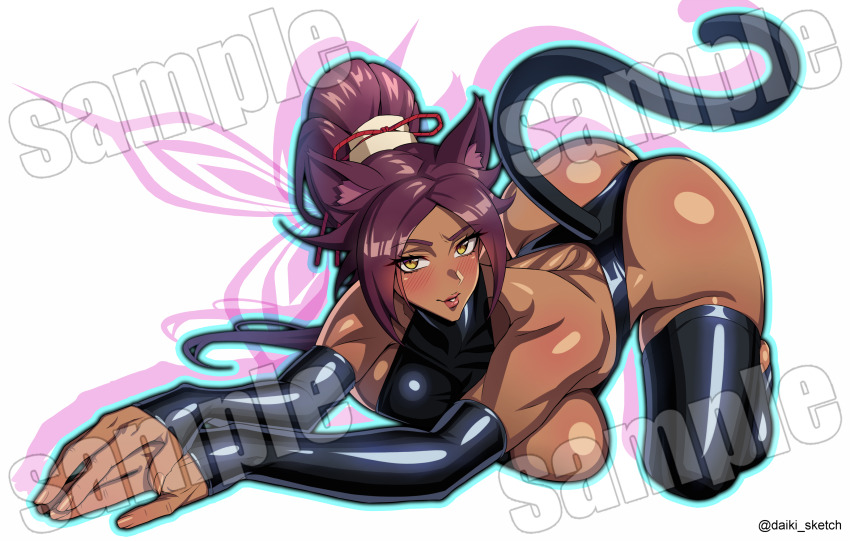 1girl artist_name black_leotard black_thighhighs bleach bleach:_sennen_kessen-hen blush breasts commentary daiki_sketch dark-skinned_female dark_skin elbow_gloves english_commentary female_focus gloves hair_ears hair_ornament highres large_breasts leotard lips long_hair ponytail purple_hair sample_watermark shihouin_yoruichi shiny_skin simple_background tail thighhighs watermark white_background yellow_eyes
