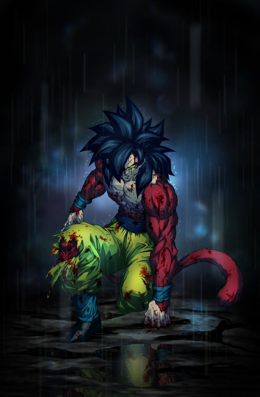 1boy absurdres black_footwear black_hair bleeding blood blood_on_clothes blood_on_face body_fur boyerjorys dragon_ball dragon_ball_gt highres looking_at_viewer male_focus monkey_boy monkey_tail muscular muscular_male pants red_fur son_goku spiked_hair super_saiyan super_saiyan_4 tail torn_clothes yellow_eyes yellow_pants