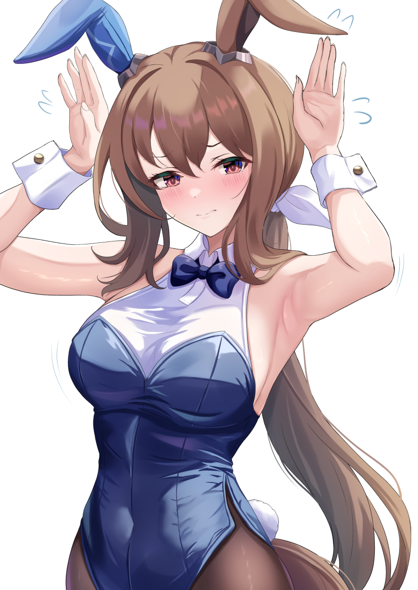 1girl absurdres admire_vega_(umamusume) animal_ears armpits blue_leotard breasts brown_hair brown_pantyhose ear_covers hands_up highres horse_ears horse_girl horse_tail leotard long_hair maimuu medium_breasts pantyhose playboy_bunny ponytail simple_background single_ear_cover solo tail umamusume white_background