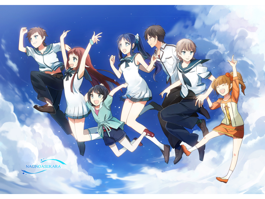 10s 3boys 4girls aki_(neyuki41028) black_hair blue_eyes blue_hair brown_eyes brown_hair dress closed_eyes highres hiradaira_chisaki hisanuma_sayu isaki_kaname jumping kihara_tsumugu long_hair mukaido_manaka multiple_boys multiple_girls nagi_no_asukara sailor_collar sailor_dress sakishima_hikari school_uniform serafuku shiodome_miuna short_hair side_ponytail twintails
