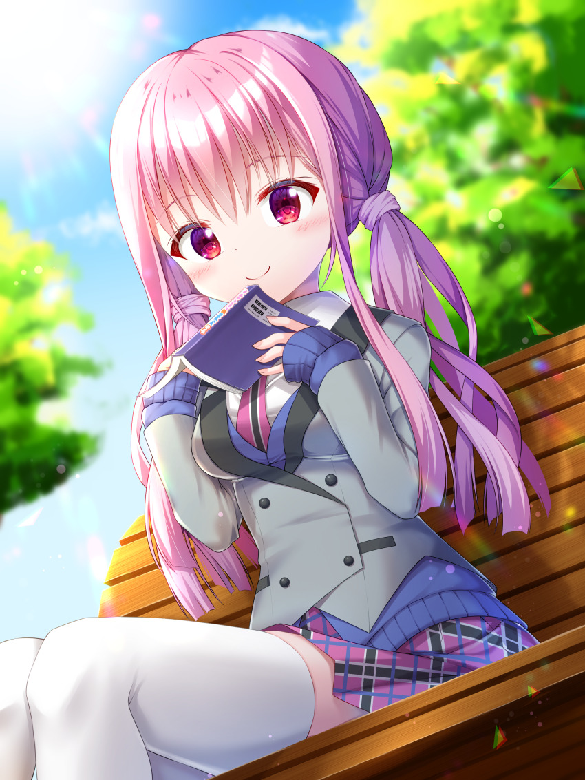 1girl absurdres asahi_hina blue_sky blurry blurry_background blush book breasts buttons closed_mouth commentary day dot_nose double-breasted from_below getsuyoshi grey_jacket highres holding holding_book jacket lens_flare long_hair long_sleeves looking_at_viewer low_twintails necktie on_bench open_book outdoors pink_hair plaid_clothes plaid_skirt purple_skirt re:stage! red_eyes red_necktie school_uniform sidelocks sitting skirt sky small_breasts smile solo sun thighhighs tree twintails white_thighhighs zettai_ryouiki