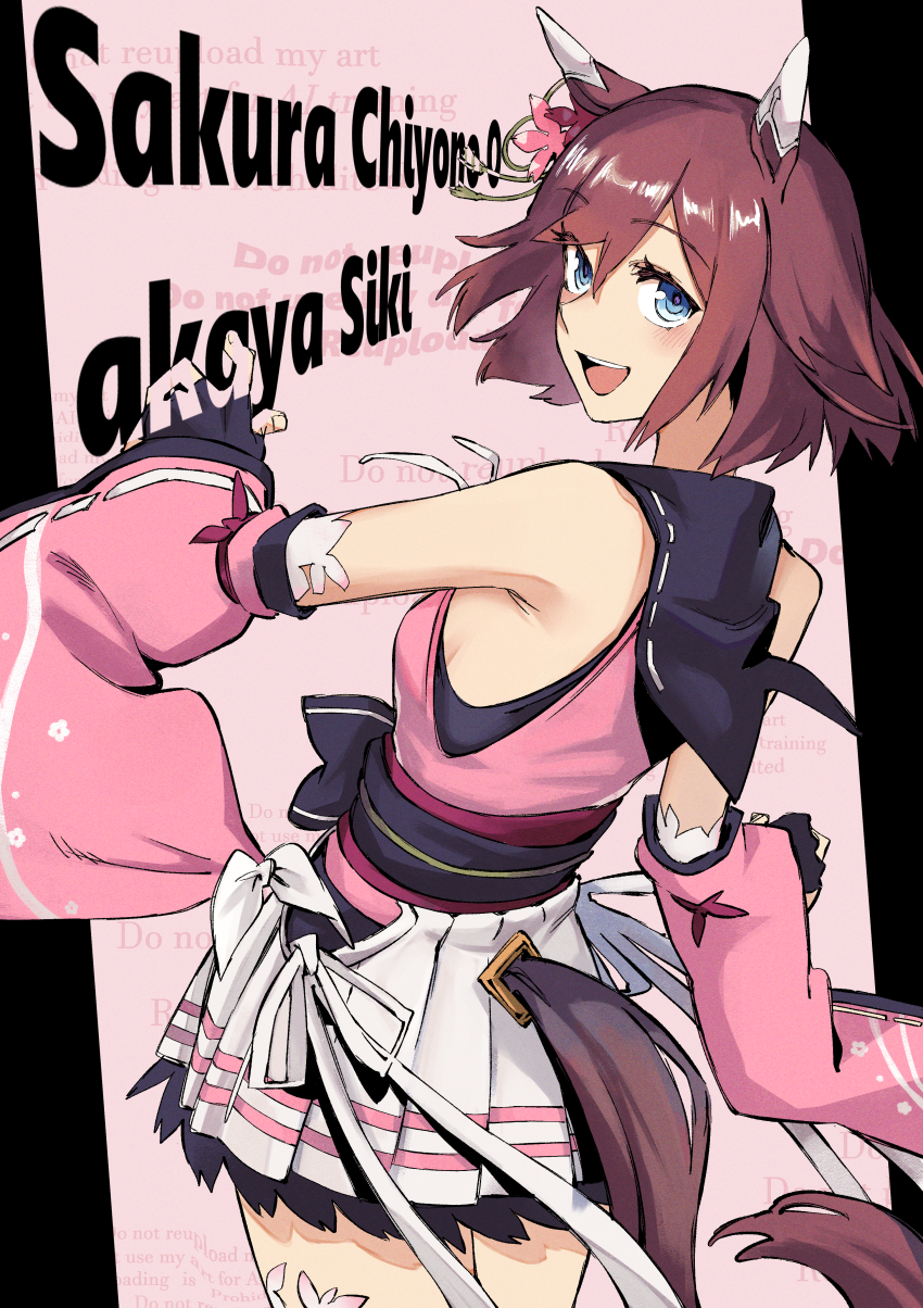 1girl :d absurdres akaya_shiki animal_ears blue_eyes brown_hair character_name detached_sleeves ear_covers from_behind highres horse_ears horse_tail open_mouth pink_background pink_sleeves pleated_skirt sakura_chiyono_o_(umamusume) short_hair skirt smile solo tail umamusume white_skirt wide_sleeves