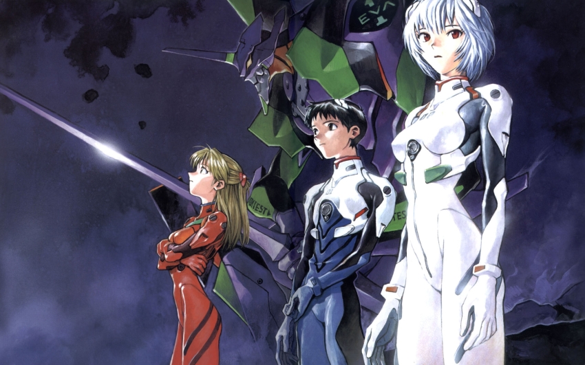 1boy 2girls :o ayanami_rei black_hair blonde_hair blue_hair bodysuit bracer breasts brown_eyes cleaned color_halftone cowboy_shot crossed_arms eva_01 from_side glint gloves hair_ornament highres holding_own_arm ikari_shinji interface_headset_(evangelion) long_hair looking_at_viewer looking_to_the_side looking_up mecha mecha_pilot_suit multiple_girls neon_genesis_evangelion neon_genesis_evangelion_(manga) official_art open_mouth orange_hair plugsuit_(evangelion) red_eyes robot sadamoto_yoshiyuki short_hair signature skinny small_breasts souryuu_asuka_langley white_bodysuit
