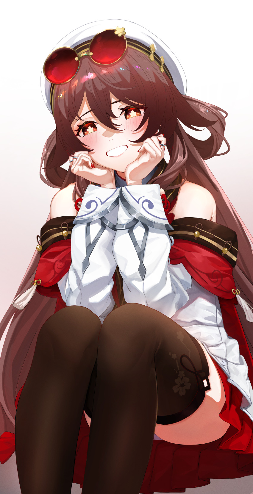 1girl absurdres ailushin armpit_crease bare_shoulders blush brown_hair brown_thighhighs chinese_clothes detached_sleeves dress eyewear_on_head flower genshin_impact gradient_background hair_between_eyes hat head_on_hands highres hu_tao_(cherries_snow-laden)_(genshin_impact) hu_tao_(genshin_impact) jewelry long_hair long_sleeves looking_at_viewer nail_polish off_shoulder official_alternate_costume panties panty_peek red-tinted_eyewear red_eyes sitting smile solo sunglasses symbol-shaped_pupils thighhighs tinted_eyewear twintails underwear very_long_hair white_background white_panties white_sleeves wide_sleeves