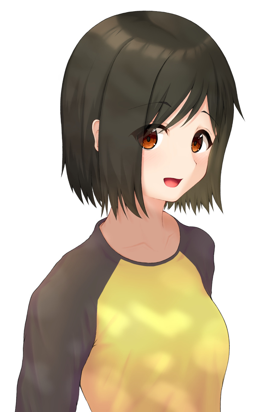 1girl :d absurdres black_hair black_shirt bob_cut breasts brown_eyes collarbone dappled_sunlight from_side highres long_sleeves looking_at_viewer looking_to_the_side medium_breasts nakahara_misaki nhk_ni_youkoso! open_mouth raglan_sleeves riore_(0808) shirt short_hair simple_background smile solo sunlight swept_bangs t-shirt two-tone_shirt upper_body white_background yellow_shirt