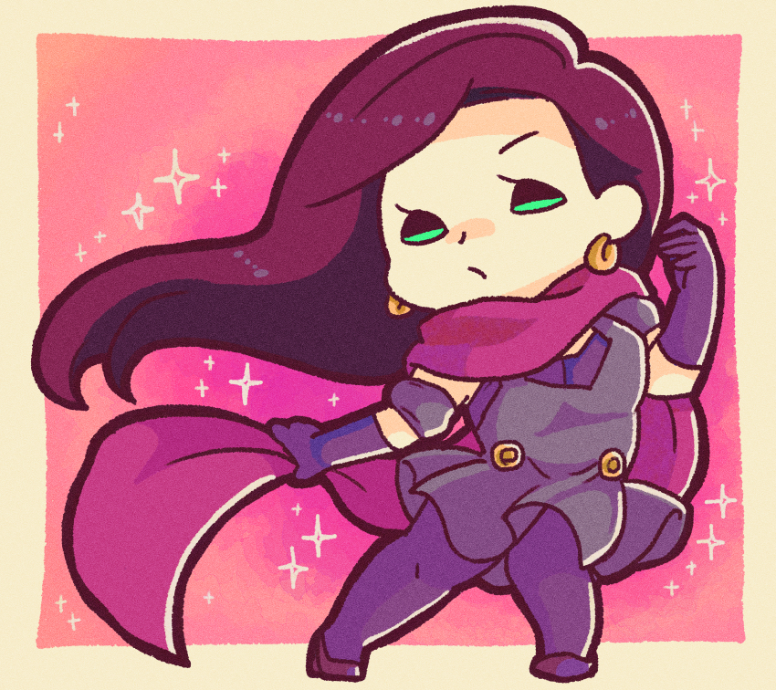 1girl absurdres battle_tendency black_dress brown_hair chibi commentary commentary_request dress earrings elbow_gloves full_body gloves green_eyes highres jewelry jojo_no_kimyou_na_bouken lisa_lisa long_hair m_a_a_m_8 pantyhose purple_gloves red_scarf scarf solo sparkle