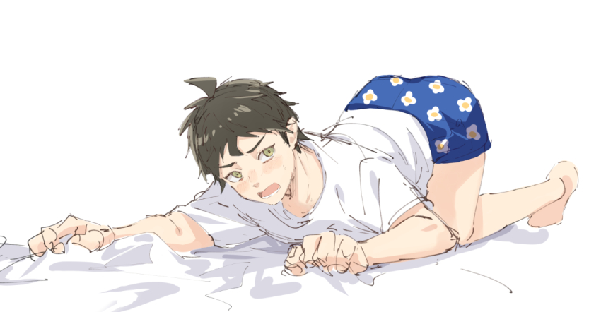 1boy ahoge all_fours barefoot blue_boxers blue_male_underwear boxers brown_eyes brown_hair danganronpa_(series) danganronpa_2:_goodbye_despair floral_print grey_background hinata_hajime looking_at_viewer lower_teeth_only male_underwear meipoi no_pants open_mouth pattern_request print_boxers print_male_underwear shirt short_hair short_sleeves simple_background sketch solo teeth underwear white_shirt