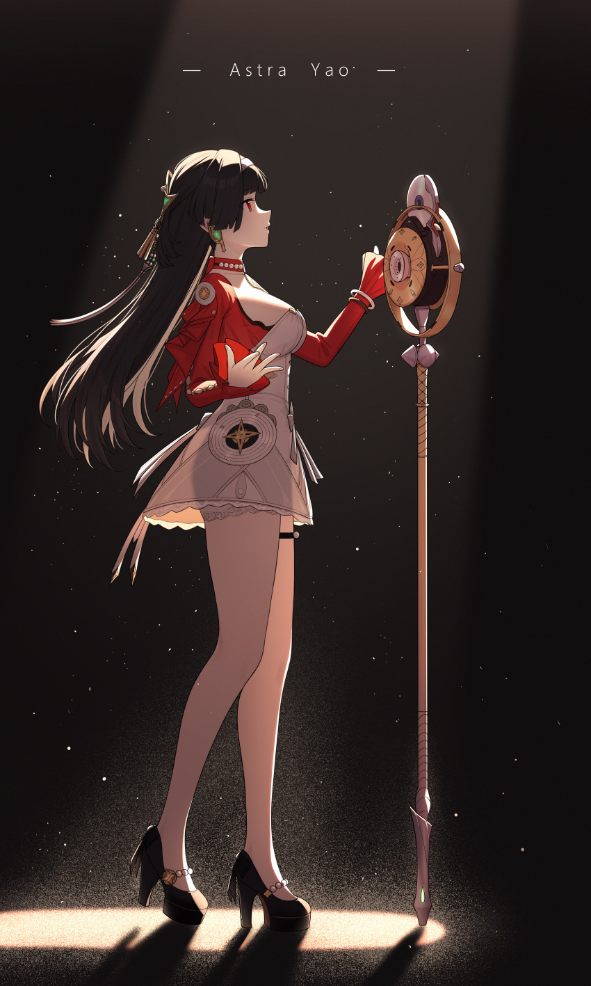 1girl absurdres astra_yao black_hair black_shoes character_name commentary_request from_side full_body high_heels highres jewelry light_particles long_hair long_sleeves looking_up necklace pearl_necklace profile red_eyes red_shrug shoes solo spotlight standing translucent xiangmaofaqijuedou zenless_zone_zero