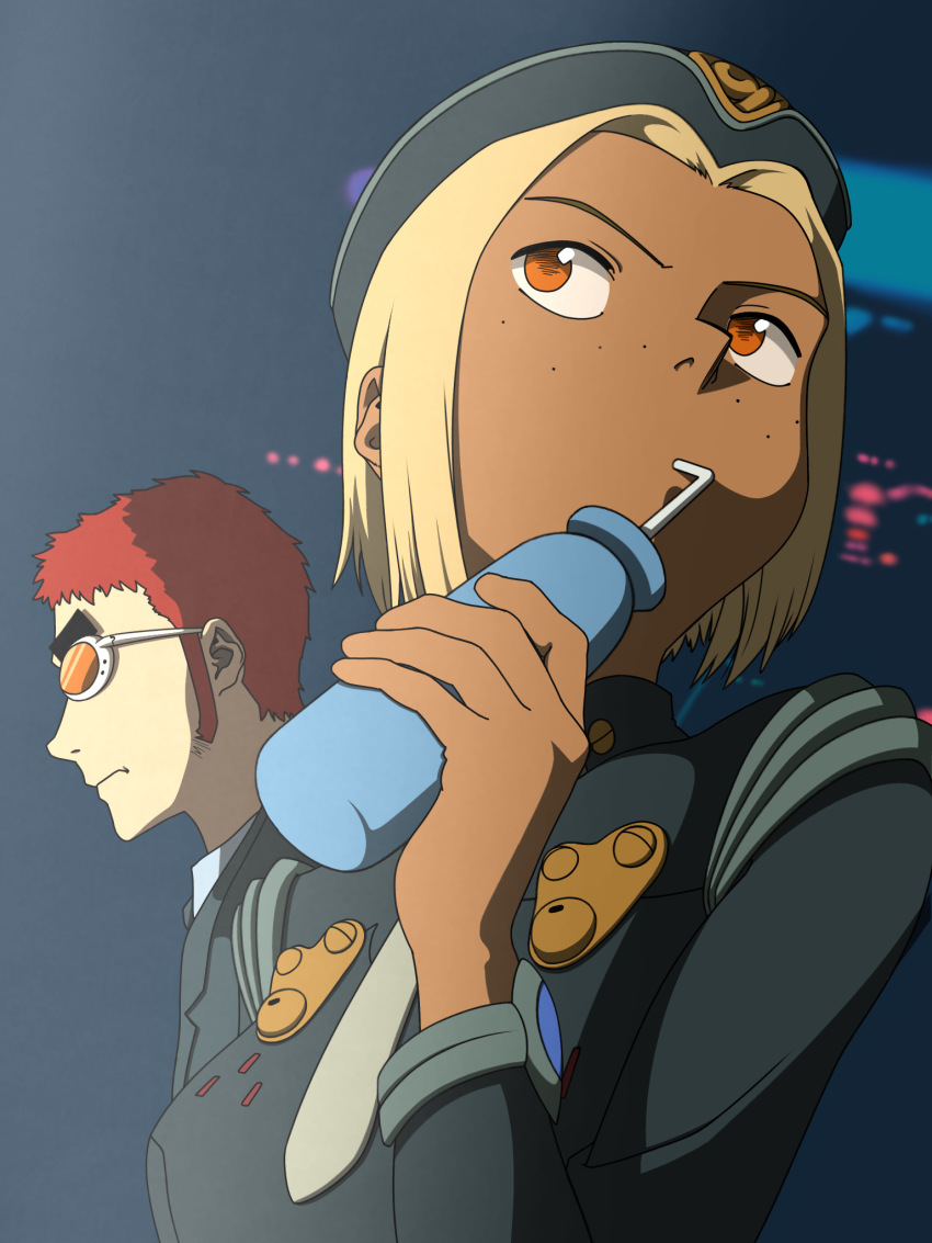 1boy 1girl amarao blonde_hair bottle dark_skin drinking flcl formal_clothes freckles highres holding holding_bottle irohasu_(user_jszp4485) kitsurubami medium_hair military_uniform mismatched_eyebrows orange_eyes red_hair short_hair suit sunglasses tan thick_eyebrows upper_body
