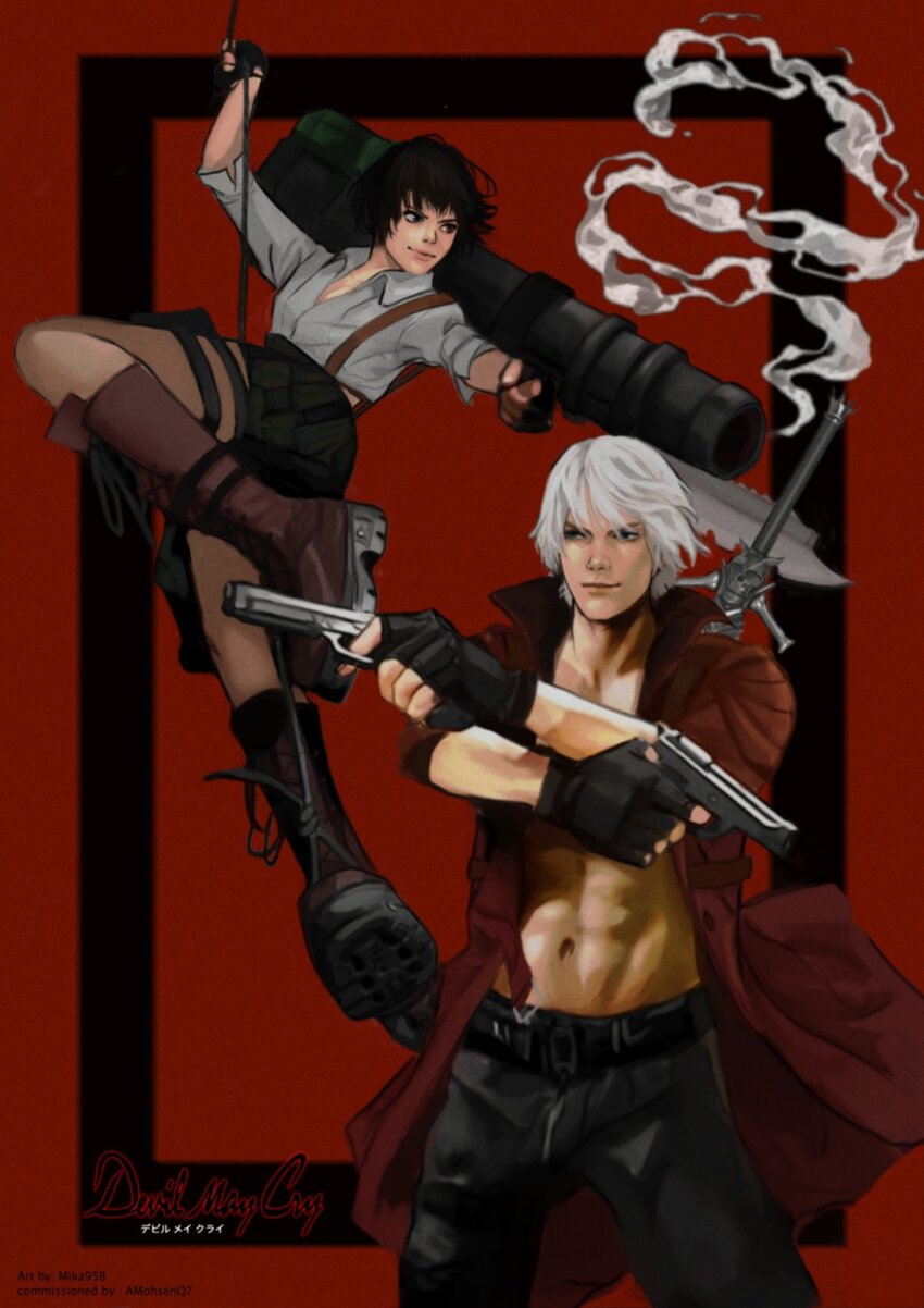 1boy 1girl artist_name black_gloves black_hair boots coat commission copyright_name dante_(devil_may_cry) devil_may_cry devil_may_cry_(series) devil_may_cry_3 ebony_&amp;_ivory fingerless_gloves gloves gun highres holding holding_gun holding_rocket_launcher holding_weapon kalina_ann_(weapon) lady_(devil_may_cry) mikabriki no_shirt rebellion_(sword) red_background red_coat rocket_launcher shirt smile sword sword_on_back weapon weapon_on_back white_hair white_shirt