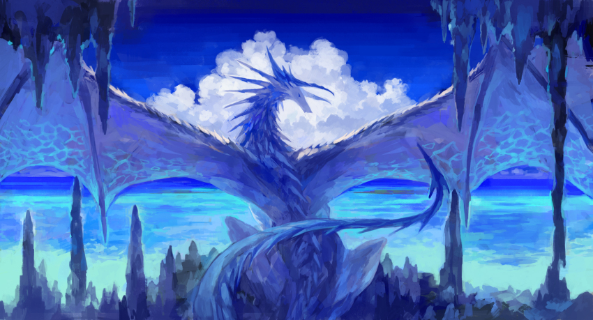 animal_focus blue_sky blue_theme cloud commentary day dragon from_behind highres horizon horns looking_back no_humans ocean original outdoors sakaya313 scenery sky solo spread_wings stalactite stalagmite tail water western_dragon