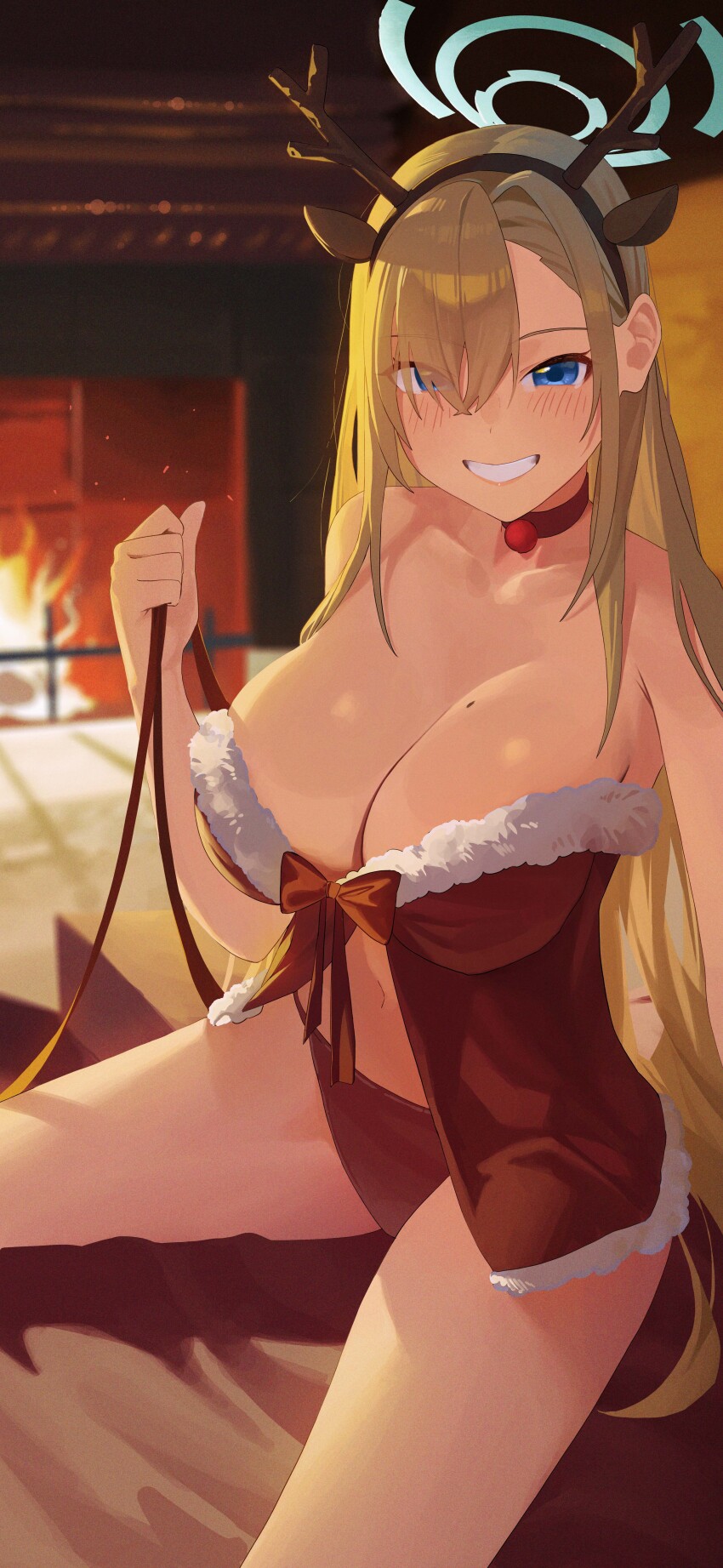 1girl absurdres antlers asuna_(blue_archive) blue_archive blue_eyes blue_halo blush breasts choker cleavage fire furnace grin hair_over_one_eye halo highres horns indoors large_breasts light_brown_hair long_hair looking_at_viewer mm_(mhm2592) mole mole_on_breast red_choker reindeer_antlers santa_costume smile solo