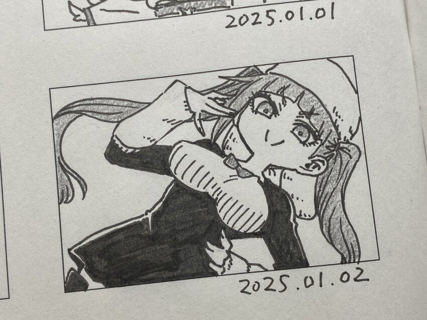 1girl 2025 :&gt; alternate_breast_size black_dress bleach blush breasts chibi dated dokugamine_riruka dress dutch_angle fingernails hand_on_own_hip hanya_(hanya_yashiki) hat highres large_breasts long_hair looking_at_viewer monochrome nail_polish photo_(medium) simple_background smile solo traditional_media tsundere twintails very_long_hair white_background