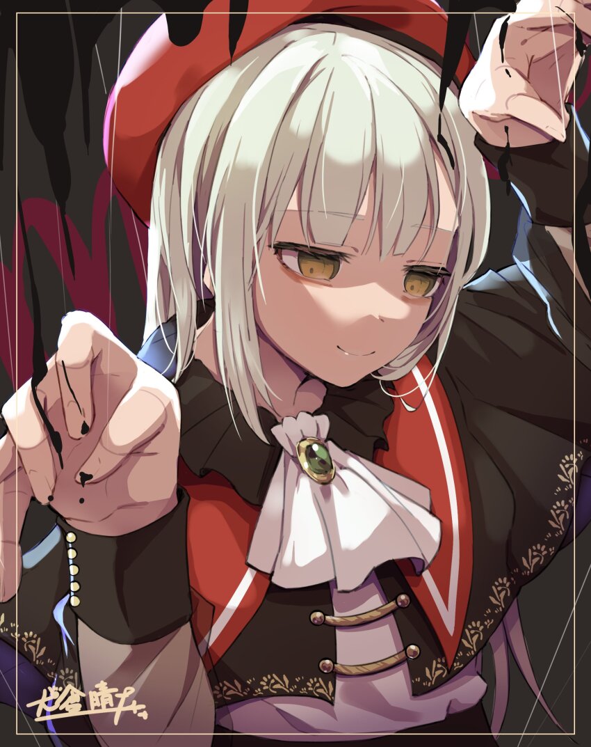 1girl absurdres apron bang_dream! bang_dream!_it&#039;s_mygo!!!!! beret black_capelet capelet closed_mouth commentary green_background green_hair hands_up hat highres i_haru_illust inset_border long_hair long_sleeves mortis_(bang_dream!) mortis_(costume)_(bang_dream!) mortis_(persona)_(bang_dream!) red_hair signature smile solo wakaba_mutsumi white_apron yellow_eyes