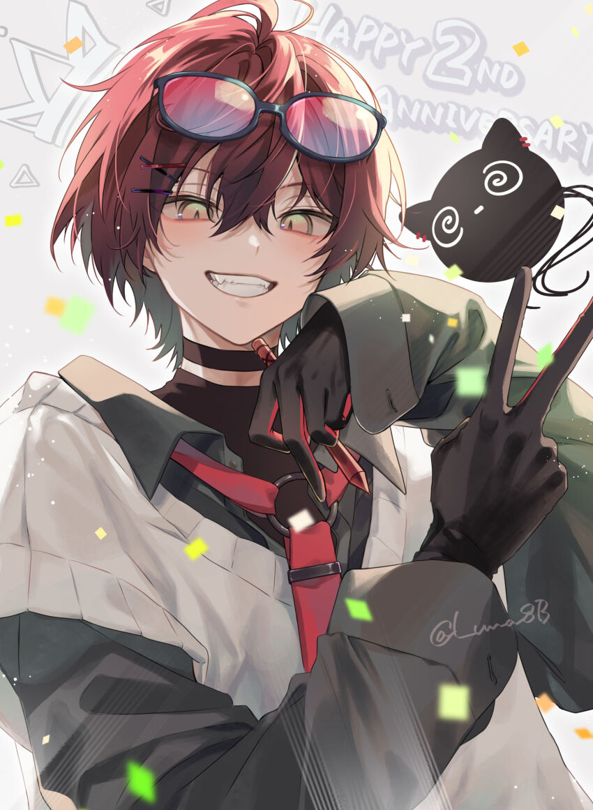 1boy @_@ ahoge anniversary bishounen black_choker black_gloves choker collared_shirt commentary eyewear_on_head fangs gloves grin hair_between_eyes happy_anniversary highres holostars holostars_english light_blush light_particles long_sleeves looking_at_viewer luma8b machina_x_flayon machina_x_flayon_(2nd_costume) male_focus o-ring_strap orange_eyes red_hair shirt short_hair slit_pupils smile sunglasses sweater_vest teeth twitter_username upper_body v virtual_youtuber