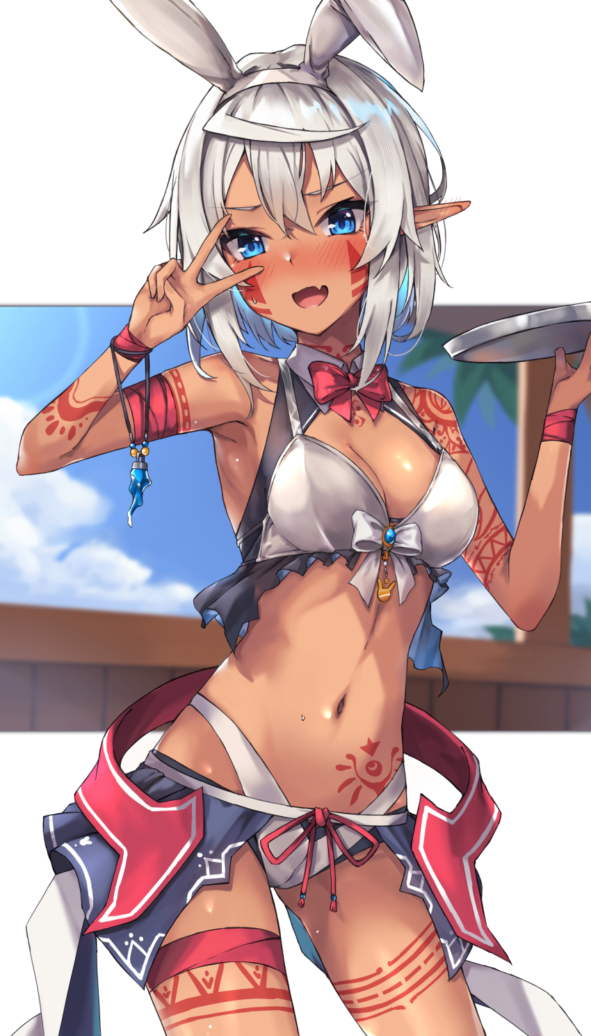 1girl animal_ear_hairband animal_ears bandaged_arm bandages bare_shoulders beach blue_eyes blue_skirt blush border bow bowtie breasts commentary_request embarrassed facepaint fake_animal_ears fang hairband hasumushi head_tilt highres leotard looking_at_viewer medium_breasts medium_hair midriff navel original petite playboy_bunny playboy_bunny_bikini rabbit_ear_hairband rabbit_ears red_bow red_bowtie restaurant shiny_skin skin_fang skirt solo sweatdrop swimsuit tan tattoo tray tribal v v_over_eye waitress white_border white_hair