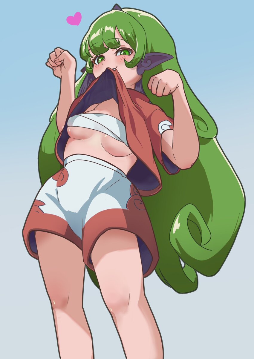 1girl bandaged_chest bare_legs breasts clothes_lift cloud_print curly_hair delta_delta fang green_hair heart highres horns kariyushi_shirt komano_aunn looking_at_viewer looking_down paw_pose pointy_ears shirt_lift shorts single_horn small_breasts standing touhou