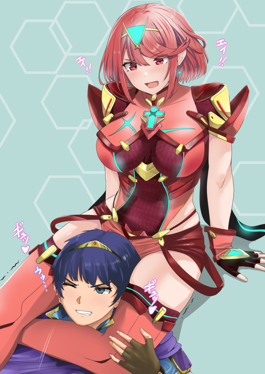 1boy 1girl absurdres bdsm breasts clenched_teeth commission defeat earrings femdom fire_emblem fire_emblem:_mystery_of_the_emblem highres jewelry jouzaburou_(joe3) marth_(fire_emblem) nintendo pixiv_commission pyra_(xenoblade) red_eyes red_hair red_thighhighs sadism short_hair smile super_smash_bros. teeth thighhighs tiara xenoblade_chronicles_(series) xenoblade_chronicles_2