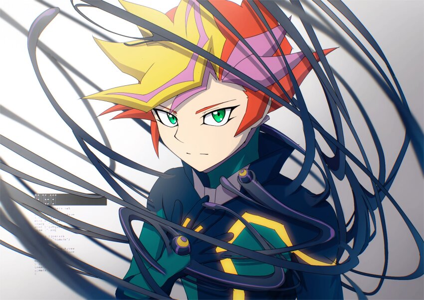 1boy ai_(yu-gi-oh!) alternate_form arm_at_side artificial_tentacles atltax_00 black_bodysuit bodysuit cable colored_bangs dappled_sunlight colored_bangs english_text facing_to_the_side fujiki_yusaku green_bodysuit green_eyes grey_background hand_on_own_chest hand_on_own_tentacles hand_tentacles highres liquid looking_at_another looking_to_the_side male_focus mechanical_tentacles monsterification non-humanoid_robot playmaker_(yu-gi-oh!) popped_collar red_hair robot spiked_hair sunlight tentacle_grab tentacles tentacles_on_male transformation wire yellow_trim yu-gi-oh! yu-gi-oh!_vrains