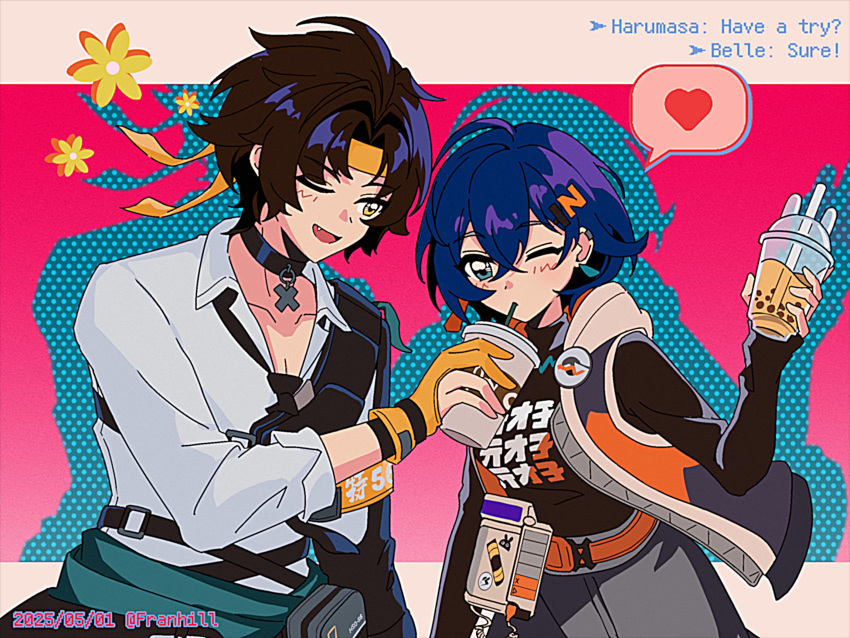 1boy 1girl asaba_harumasa belle_(zenless_zone_zero) black_choker black_shirt blue_hair blue_skin chinese_commentary choker collared_shirt colored_skin commentary_request cup franhill gloves green_eyes hair_between_eyes hair_ornament headband heart highres holding holding_cup letter_hair_ornament one_eye_closed orange_gloves partially_fingerless_gloves retro_artstyle shirt smile upper_body white_shirt yellow_eyes yellow_headband zenless_zone_zero
