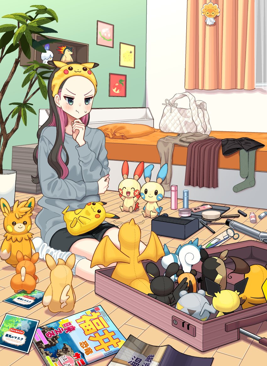 1girl absurdres bag bed bedroom black_hair blue_eyes book dedenne dragonite emolga gen_1_pokemon gen_2_pokemon gen_3_pokemon gen_4_pokemon gen_5_pokemon gen_6_pokemon gen_7_pokemon gen_8_pokemon hair_ornament hairband highres indoors long_hair long_sleeves minun momeox2 morpeko morpeko_(full) multicolored_hair nintendo original pachirisu pawmi pawmo pawmot pichu pikachu plusle pokemon purple_hair raichu skirt socks solo stuffed_animal stuffed_toy sweater togedemaru two-tone_hair v-shaped_eyebrows window