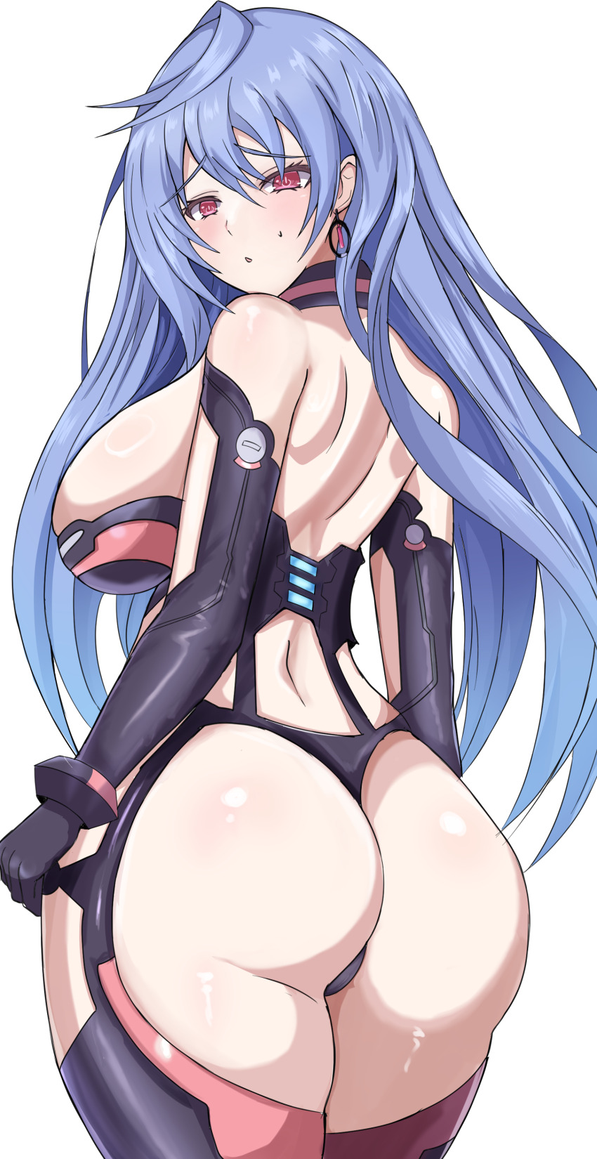 1girl ass ass_focus bare_shoulders blue_hair blush breasts choujigen_game_neptune compile_heart elbow_gloves from_behind gloves huge_ass idea_factory iris_heart kami_jigen_game_neptune_v large_breasts long_hair looking_at_viewer mature_female neptune_(series) open_mouth parted_lips red_eyes sideboob solo stiris_rangetsu thick_thighs thighhighs thighs thong very_long_hair