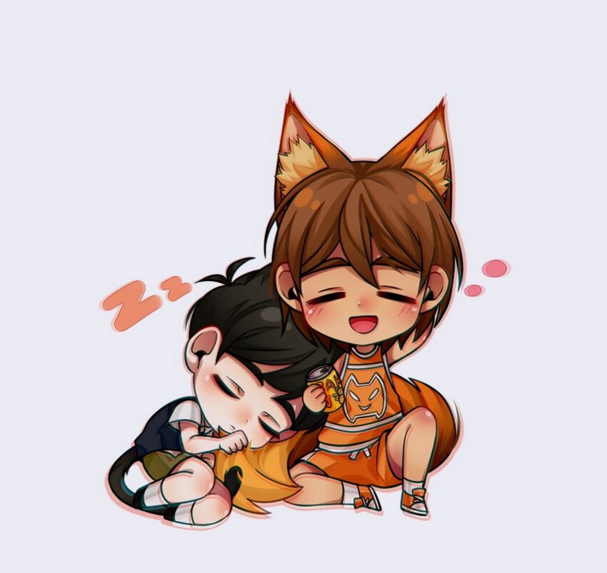 2boys :d animal_ear_fluff animal_ears ankle_socks antenna_hair arm_behind_head black_footwear black_hair black_sweater_vest black_tail blush brown_hair brown_shorts brown_tail can cat_tail chibi chibi_only closed_eyes closed_mouth double-parted_bangs full_body grey_background hair_behind_ear hair_between_eyes holding holding_can kel_(faraway)_(omori) kel_(omori) knee_up linglanjunying male_focus multiple_boys omori open_mouth orange_joe_(omori) orange_shoes shirt shoes short_hair short_sleeves shorts simple_background sitting smile socks squeans sunny_(omori) sweater_vest tail tongue u_u white_shirt white_socks wolf_boy wolf_ears wolf_tail zzz