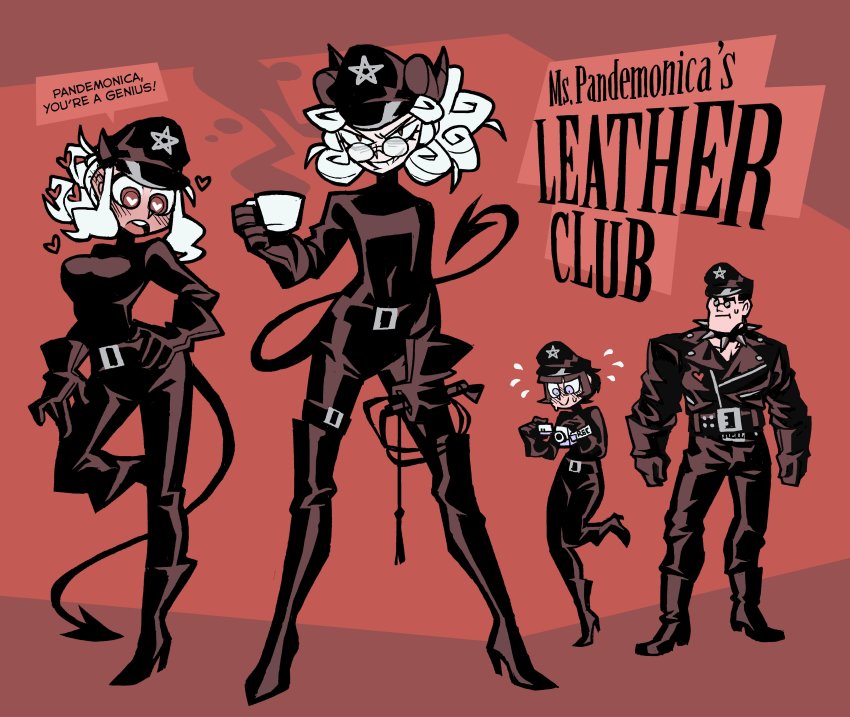 1boy 3girls absurdres angel azazel_(helltaker) camera collar cup demon_girl demon_tail disposable_cup english_text gachimuchi heart heart-shaped_pupils helltaker helltaker_(character) highres leather leather_belt leather_suit modeus_(helltaker) mug multiple_girls pandemonica_(helltaker) recording red_background spiked_collar spikes sunglasses symbol-shaped_pupils tail vanripper white_hair