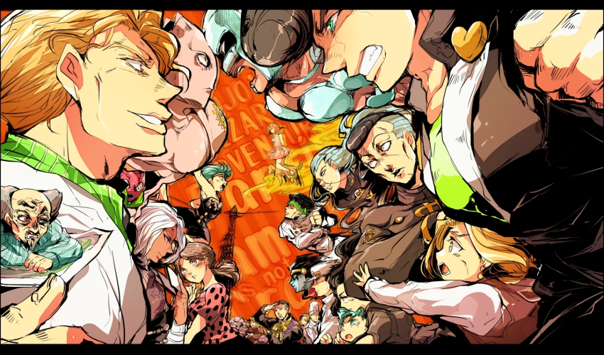 3girls 6+boys colorized crazy_diamond diamond_wa_kudakenai everyone fungami_yuya gakuran hazamada_toshikazu hazekura_mikitaka higashikata_josuke highres hirose_koichi jojo_no_kimyou_na_bouken joseph_joestar joseph_joestar_(old) kawajiri_hayato kawajiri_shinobu killer_queen kira_yoshihiro kira_yoshikage kishibe_rohan kuujou_joutarou letterboxed miyamoto_terunosuke monochrome multiple_boys multiple_girls nijimura&#039;s_father nijimura_keicho nijimura_okuyasu oyanagi_ken pompadour sadahara_inako school_uniform shizuka_joestar stand_(jojo) stray_cat_(jojo) sugimoto_reimi tonio_trussardi tsuji_aya yamagishi_yukako yangu_shigekiyo