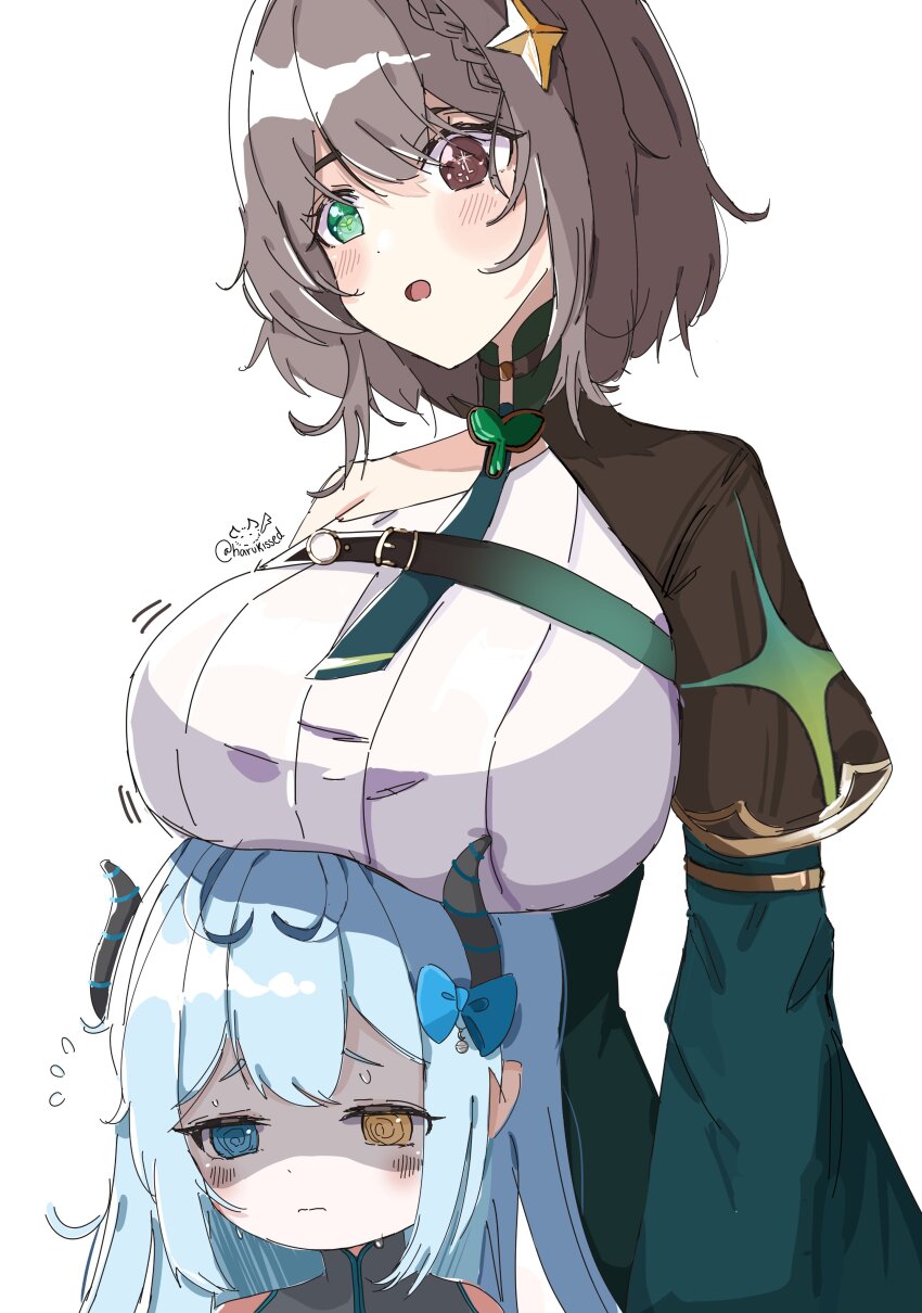 2girls absurdres akugaki_koa black_shrug blue_eyes breasts confused dress green_dress green_eyes hair_ornament hair_ribbon harukissed heterochromia highres horns chromashift large_breasts long_hair meica_(vtuber) meica_(vtuber)_(1st_costume) multiple_girls ribbon scared self-upload shirt short_hair shrug_(clothing) star_(symbol) virtual_youtuber white_background white_hair white_shirt worried yellow_eyes