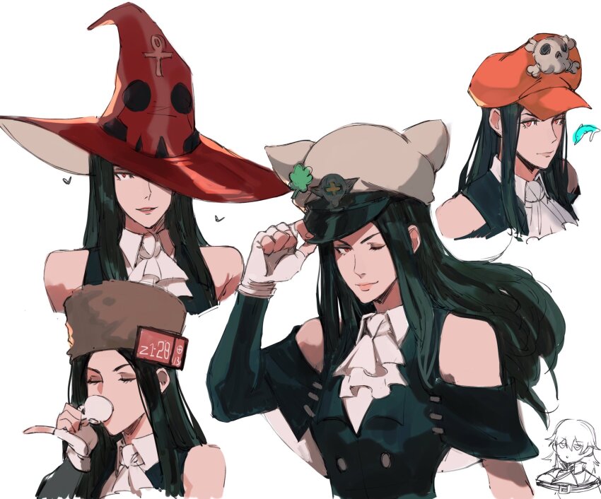1girl 1other animal_ear_headwear ascot bare_shoulders black_hair black_vest cabbie_hat clover cup fake_animal_ears fingerless_gloves four-leaf_clover fur_hat gloves guilty_gear guilty_gear_strive hat highres long_hair military_hat ramlethal_valentine skull_and_crossbones teacup testament_(guilty_gear) tirtyturtle ushanka vest white_ascot witch_hat