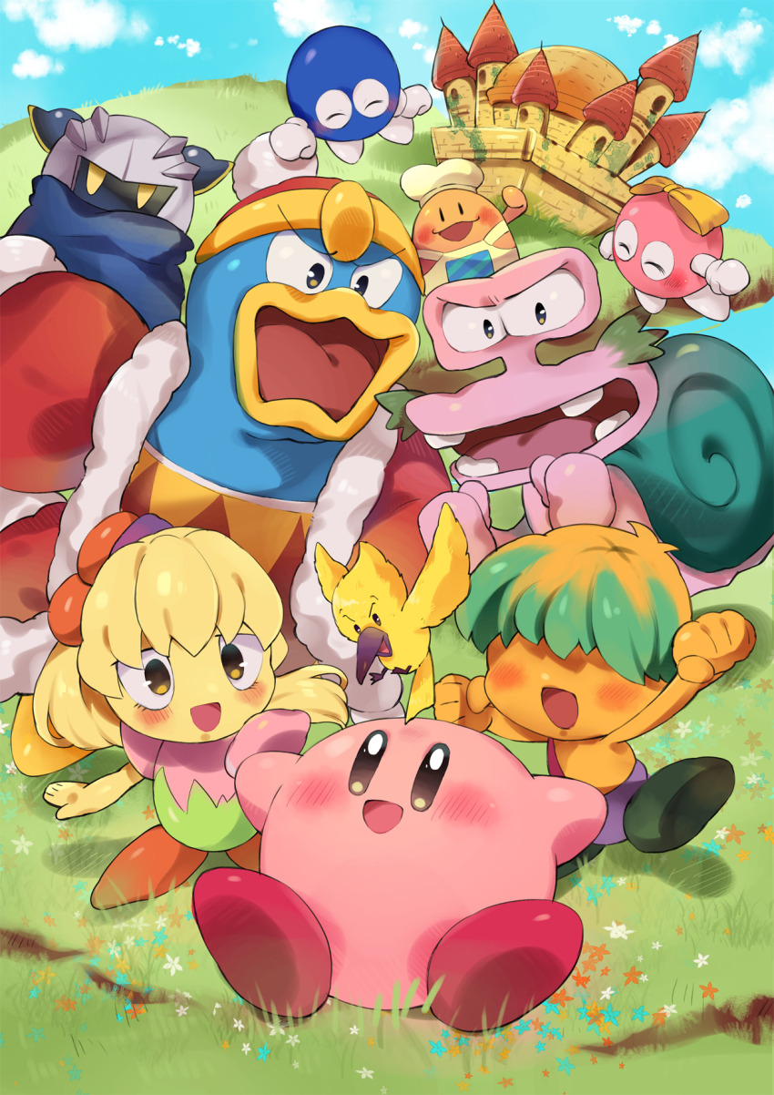 :d ^_^ apron armor arms_up bird blonde_hair blue_cape blue_flower blue_sky blush bow brother_and_sister brown_eyes bun_(kirby) cape castle chef_hat chef_kawasaki clenched_hands cliff closed_eyes cloud commentary_request day escargon flower fumu_(kirby) fur-trimmed_jacket fur_trim grass green_hair hair_over_eyes hat highres jacket kawao9 king_dedede kirby kirby:_right_back_at_ya kirby_(series) lalala_(kirby) lololo_(kirby) long_hair looking_at_another mask meta_knight nintendo on_grass open_clothes open_jacket open_mouth orange_flower outdoors pauldrons ponytail red_headwear red_jacket short_hair shoulder_armor siblings sitting sky smile teeth tokkori_(kirby) v-shaped_eyebrows white_apron white_flower white_headwear yellow_bow yellow_eyes