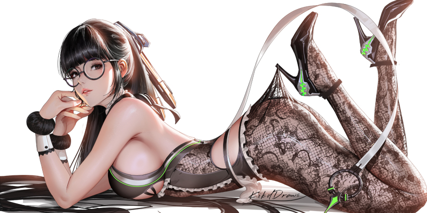 1girl ass black_hair black_shoes blunt_bangs breasts brown_eyes eve_(stellar_blade) floral_print_pantyhose from_side glasses highres hooked_on_heel lace_pantyhose lace_pantyhose_hooked_on_heel_(meme) large_breasts liang_xing long_hair looking_at_viewer lying meme on_stomach pantyhose_tug ponytail round_eyewear shoes sideboob simple_background solo stellar_blade strappy_heels the_pose very_long_hair