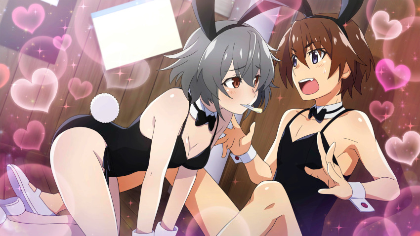 1boy 1girl all_fours animal_ears black_bow black_bowtie black_leotard blue_eyes bow bowtie breasts brown_eyes brown_hair classroom cleavage detached_collar eye_contact fake_animal_ears fake_tail game_cg grey_hair heavy_lens_flare highres higurashi_no_naku_koro_ni higurashi_no_naku_koro_ni_mei indoors kimiyoshi_kazuho lens_flare leotard looking_at_another maebara_keiichi male_playboy_bunny non-circular_lens_flare non-web_source official_art open_mouth playboy_bunny rabbit_ears rabbit_tail shoes short_hair shy sitting sparkle sweatdrop tail teeth upper_teeth_only uwabaki white_shoes wooden_floor wooden_wall wrist_cuffs