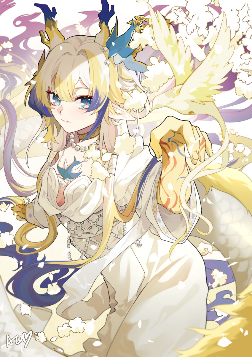 1girl ambience_synesthesia animal aqua_eyes arknights arm_up bird blonde_hair breasts chinese_commentary choker closed_mouth colored_extremities commentary_request dragon_girl dragon_horns dragon_tail dress fingernails flower gem hair_between_eyes hair_intakes highres horns jewelry light_smile long_hair looking_at_viewer medium_breasts multicolored_hair necklace official_alternate_costume orange_pupils pearl_(gemstone) pearl_necklace pointy_ears purple_hair puyue shu_(arknights) solo standing tail white_dress white_flower white_hair yellow_bird yellow_choker