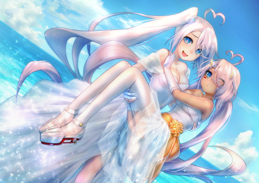 2girls ahoge alternate_costume azur_lane blue_eyes blue_sky blush breasts carrying cleavage closed_mouth cloud commentary_request dark-skinned_female dark_skin day dress dutch_angle elbow_gloves expressionless eyes_visible_through_hair facepaint feet_out_of_frame full_body glint gloves hair_between_eyes heart heart-shaped_pupils heart_ahoge heterochromia highres horizon indianapolis_(azur_lane) jewelry large_breasts long_hair looking_at_viewer multiple_girls open_mouth outdoors partially_fingerless_gloves pink_hair portland_(azur_lane) princess_carry ring sash see-through_clothes see-through_skirt shinachiku_(uno0101) siblings side_ponytail sisters skirt sky smile strapless strapless_dress symbol-shaped_pupils thighhighs twintails very_long_hair water wedding_ring white_dress white_gloves white_hair white_thighhighs yellow_eyes yellow_sash