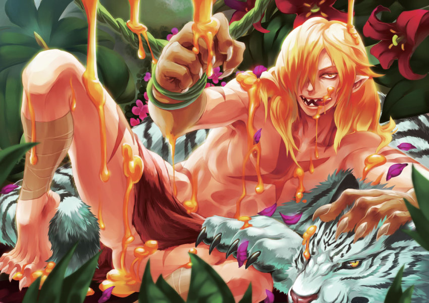 00s 1boy :p animal bandages barefoot blonde_hair claws fangs flower hair_over_one_eye honey jungle loincloth long_hair male_focus nature oversized_limbs plant pointy_ears rebasashi scar sexually_suggestive sharp_teeth topless_male solo teeth tengen_toppa_gurren_lagann tiger tongue tongue_out vines viral_(ttgl) white_tiger