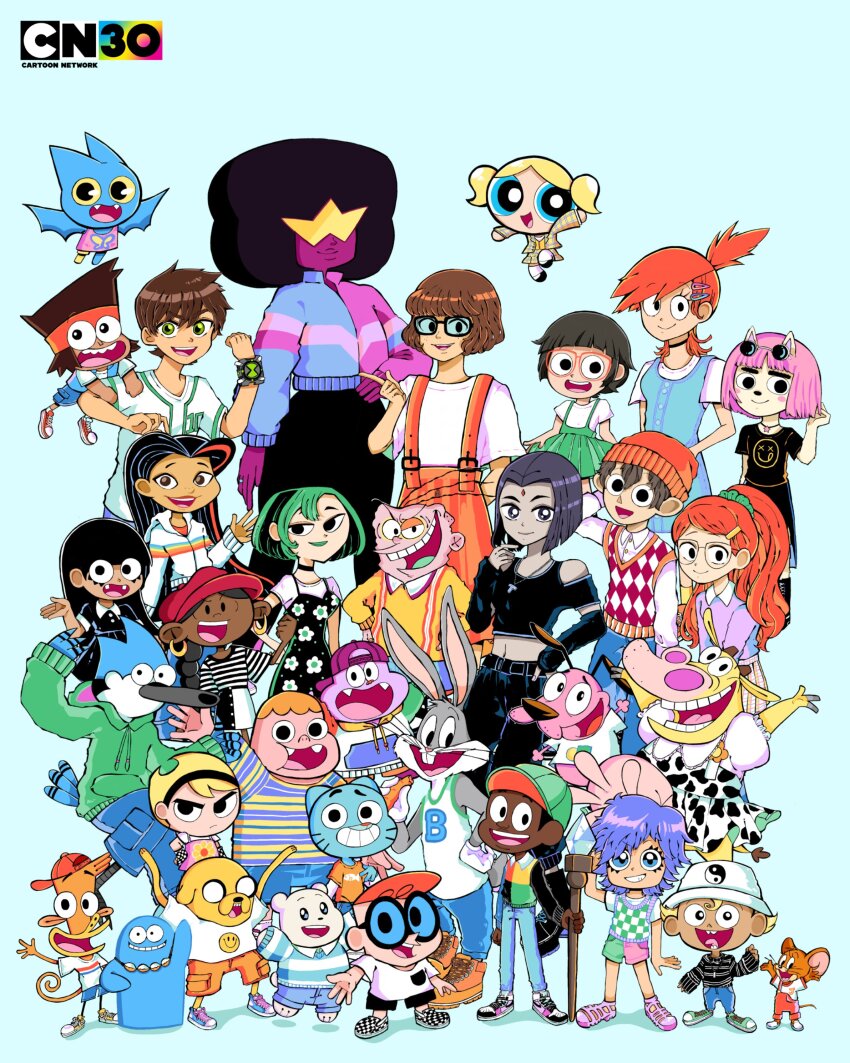 6+boys 6+girls absurdres adorabat adventure_time aged_down anniversary ben_10 ben_tennyson blooregard_q_kazoo blue_background boots bubbles_(ppg) bugs_bunny camp_lazlo cartoon_network charlene_(victor_and_valentino) chloe_park chowder_(character) chowder_(series) clarence clarence_wendle codename:_kids_next_door commentary commission company_connection company_name courage_(character) courage_the_cowardly_dog cow_&amp;_chicken cow_(cow_&amp;_chicken) craig_of_the_creek craig_williams danishi dark_skin dc_comics dexter&#039;s_laboratory dexter_(dexter&#039;s_laboratory) dress ed_edd_n_eddy eddy_(ed_edd_n_eddy) english_commentary flapjack_(the_marvelous_misadventures_of_flapjack) foster&#039;s_home_for_imaginary_friends frankie_foster garnet_(steven_universe) gumball_watterson gwen_(total_drama) hi_hi_puffy_amiyumi highres ice_bear_(we_bare_bears) infinity_train jacket jake_the_dog jerry_(tom_and_jerry) jewelry juniper_lee k.o._(ok_k.o.!) lazlo_(camp_lazlo) logo looney_tunes mandy_(grim_adventures) mao_mao:_heroes_of_pure_heart mordecai_(regular_show) multicolored_jacket multicolored_shirt multicolored_shorts multicolored_skirt multicolored_vest multiple_boys multiple_girls necklace numbuh_5 ok_k.o.!_let&#039;s_be_heroes over_the_garden_wall pants powerpuff_girls raven_(dc) regular_show scooby-doo second-party_source shirt shoes shorts simple_background skirt sleeveless sleeveless_shirt staff steven_universe summer_camp_island susie_mccallister suspender_skirt suspenders sweater_vest t-shirt teen_titans the_amazing_world_of_gumball the_grim_adventures_of_billy_&amp;_mandy the_life_and_times_of_juniper_lee the_marvelous_misadventures_of_flapjack tom_and_jerry toon_(style) total_drama tulip_olsen velma_dinkley victor_and_valentino we_bare_bears wirt_(over_the_garden_wall) yumi_yoshimura