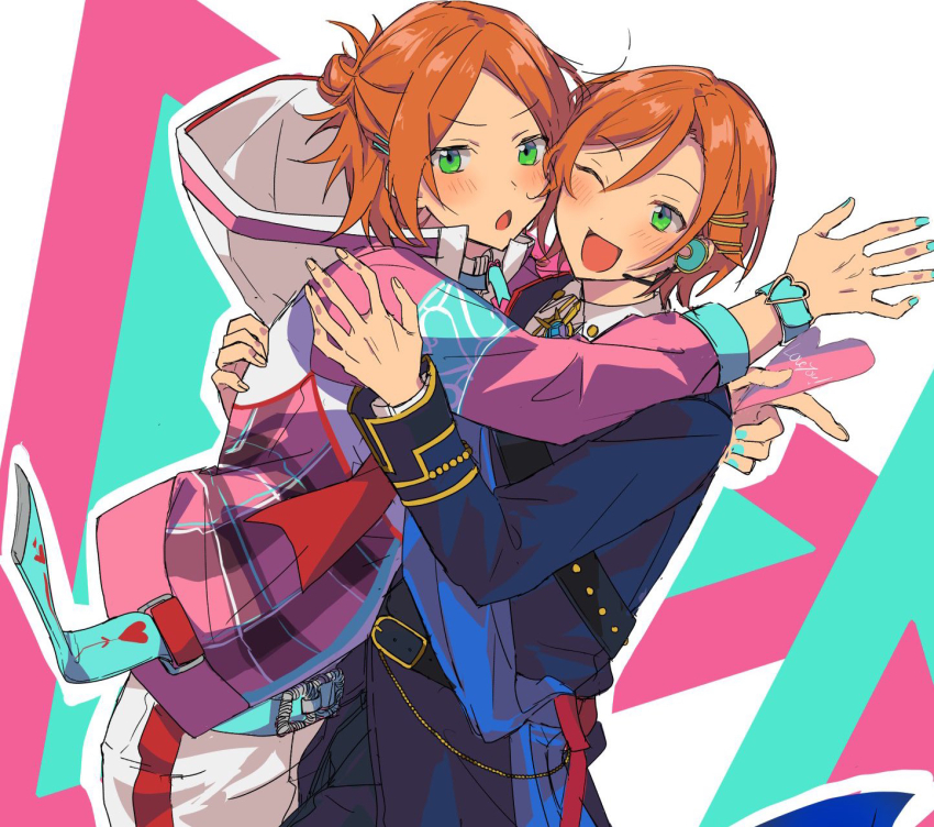 2boys :o ;d akarin1006 aoi_hinata aoi_yuta aqua_armband aqua_belt aqua_nails armband belt belt_buckle bishounen black_belt black_pants brothers buckle cowboy_shot ensemble_stars! folded_ponytail green_eyes hair_between_eyes half_updo highres hood hood_down hoodie hug jacket light_blush male_focus middle_part multiple_boys one_eye_closed open_mouth orange_hair outline pants pink_hoodie plaid_hood siblings smile twins white_hood white_outline white_pants