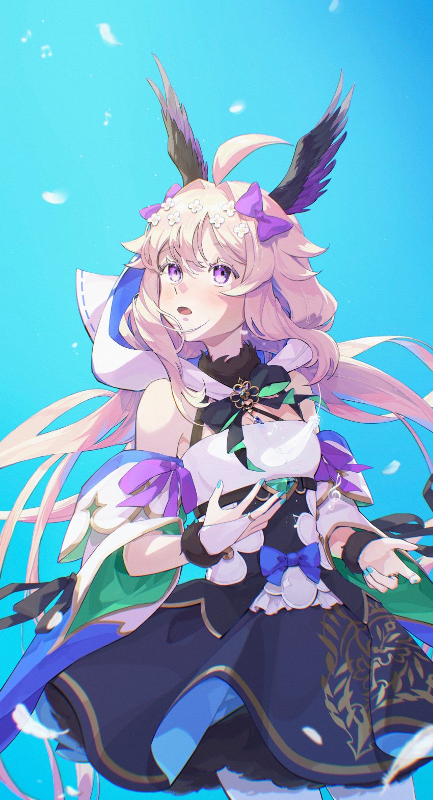 1girl absurdly_long_hair absurdres ahoge aqua_nails bird_girl blonde_hair blue_bow blue_dress blue_hair blush bow bracelet bridal_gauntlets detached_sleeves dress enna_alouette eyelashes flower fur_bracelet hair_flower hair_ornament head_wings highres long_hair long_sleeves looking_to_the_side low_twintails mechanical_wings moonie multicolored_hair nail_polish nijisanji nijisanji_en pantyhose purple_bow purple_dress purple_eyes purple_wings short_sleeves sky solo twintails very_long_hair virtual_youtuber white_flower white_hood white_pantyhose wings